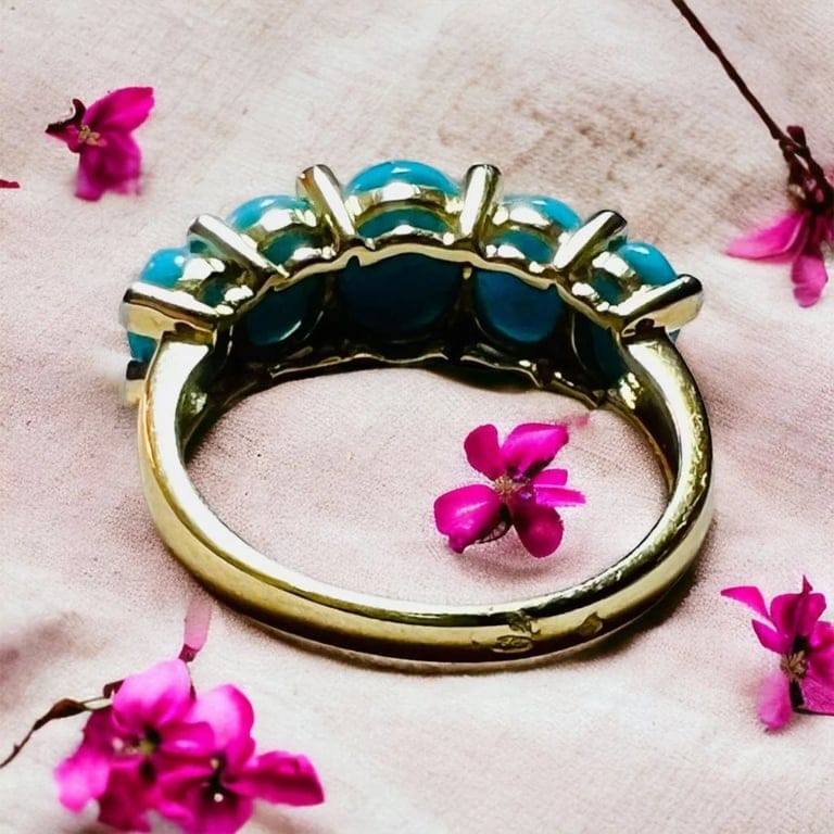 Yellow Gold Garter Ring, Turquoises Cabochons & Diamonds - Image 11