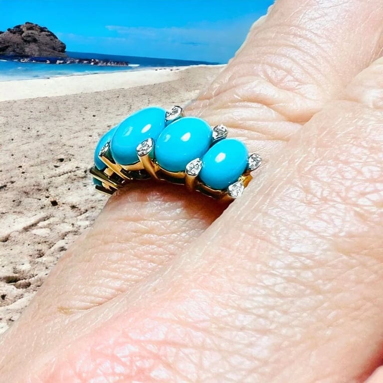 Yellow Gold Garter Ring, Turquoises Cabochons & Diamonds - Image 3
