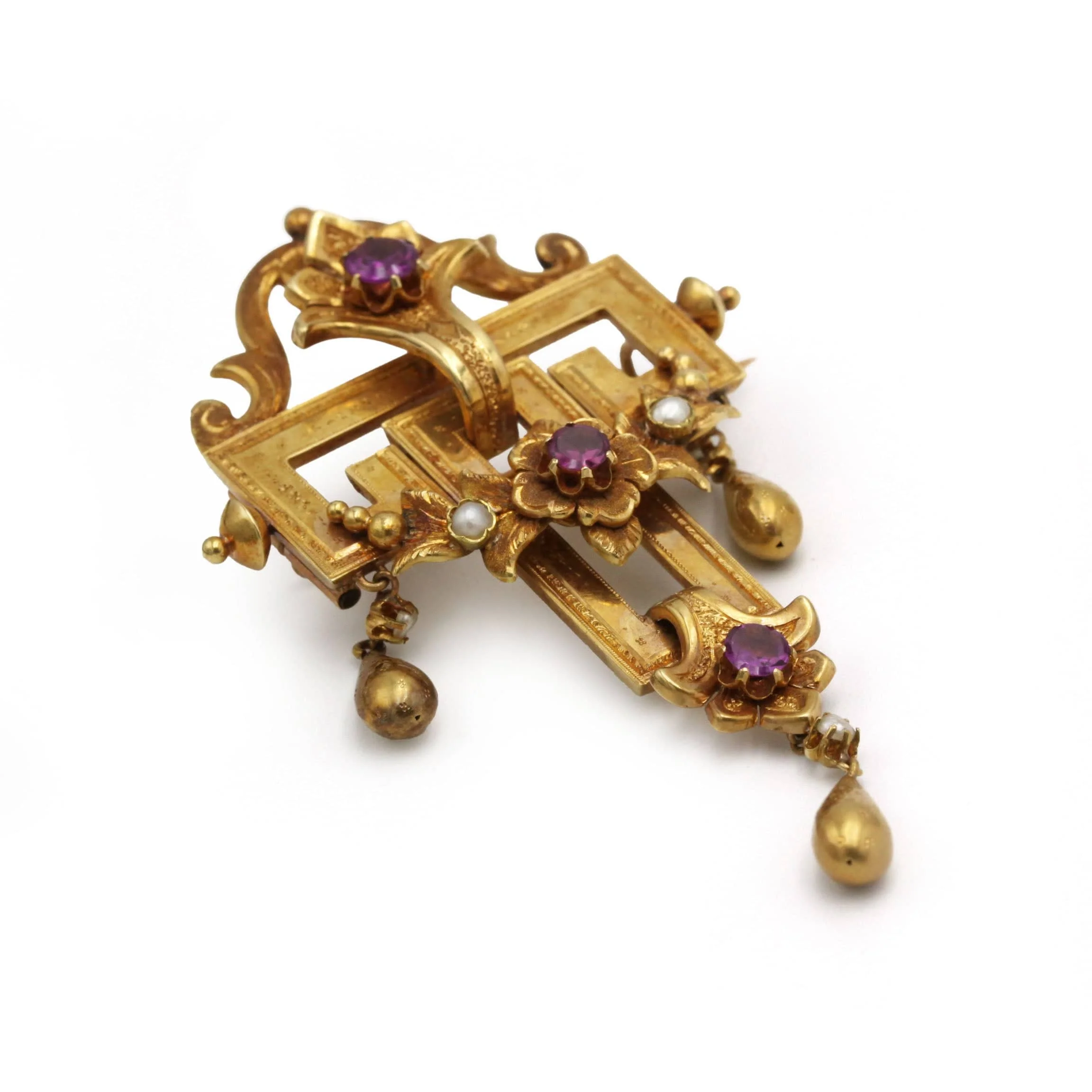 Napoleon III Brooch - Gold, Half-pearls & Rhodolite Garnets - Image 4