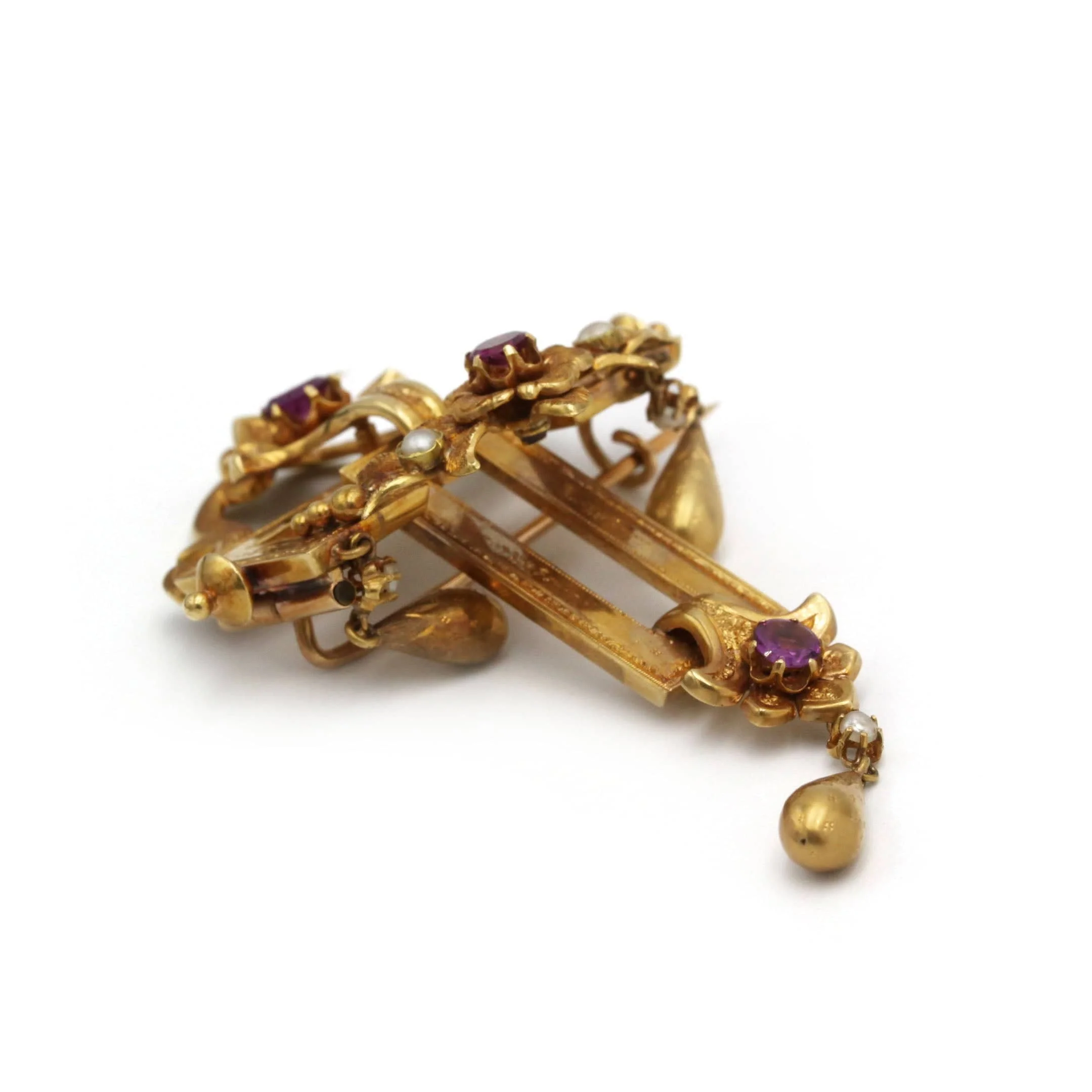 Napoleon III Brooch - Gold, Half-pearls & Rhodolite Garnets - Image 5