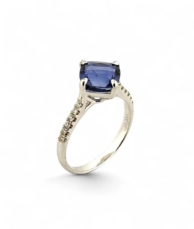 Solitaire in 18k white gold, Ceylon sapphire and diamonds - Image 3