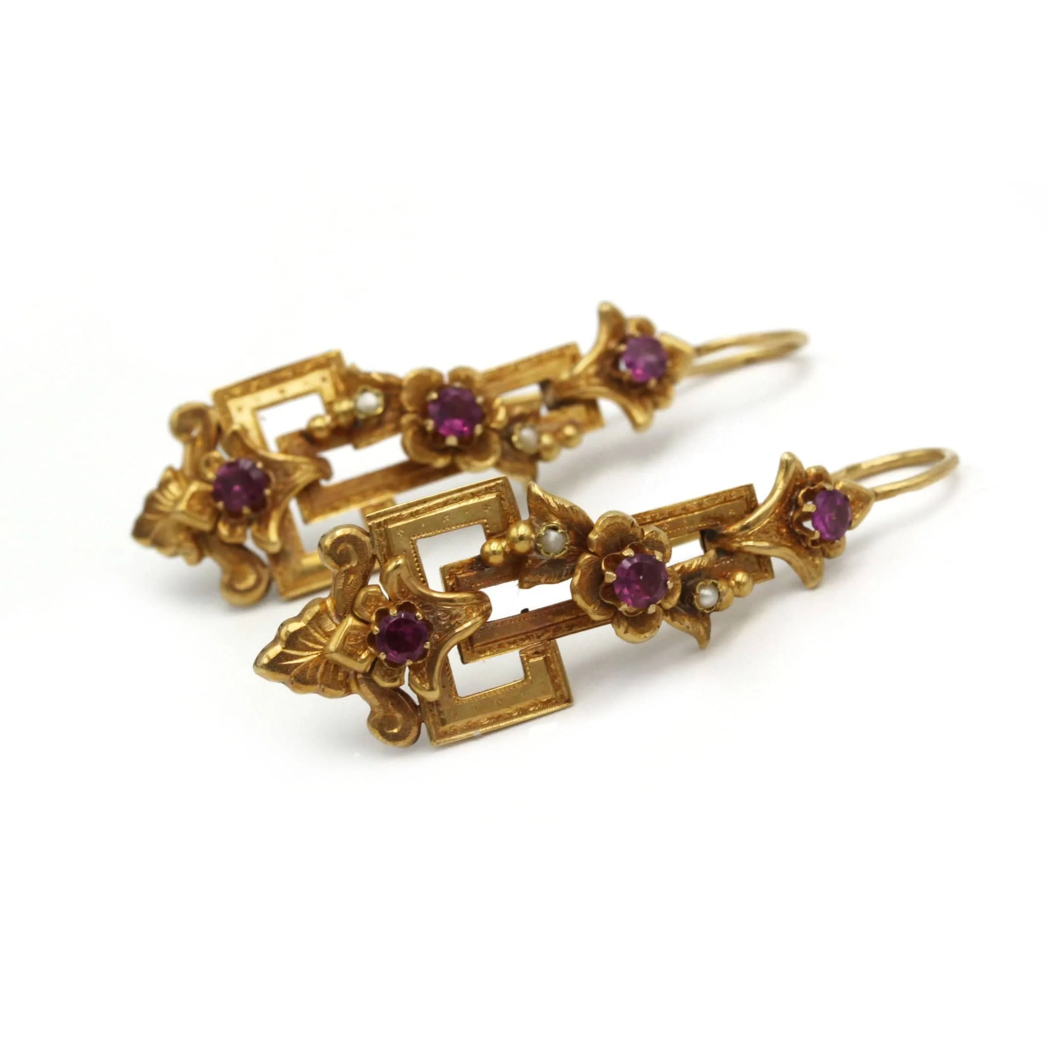 Earrings - Gold, Half-Pearls & Rhodolite Garnets - Image 3