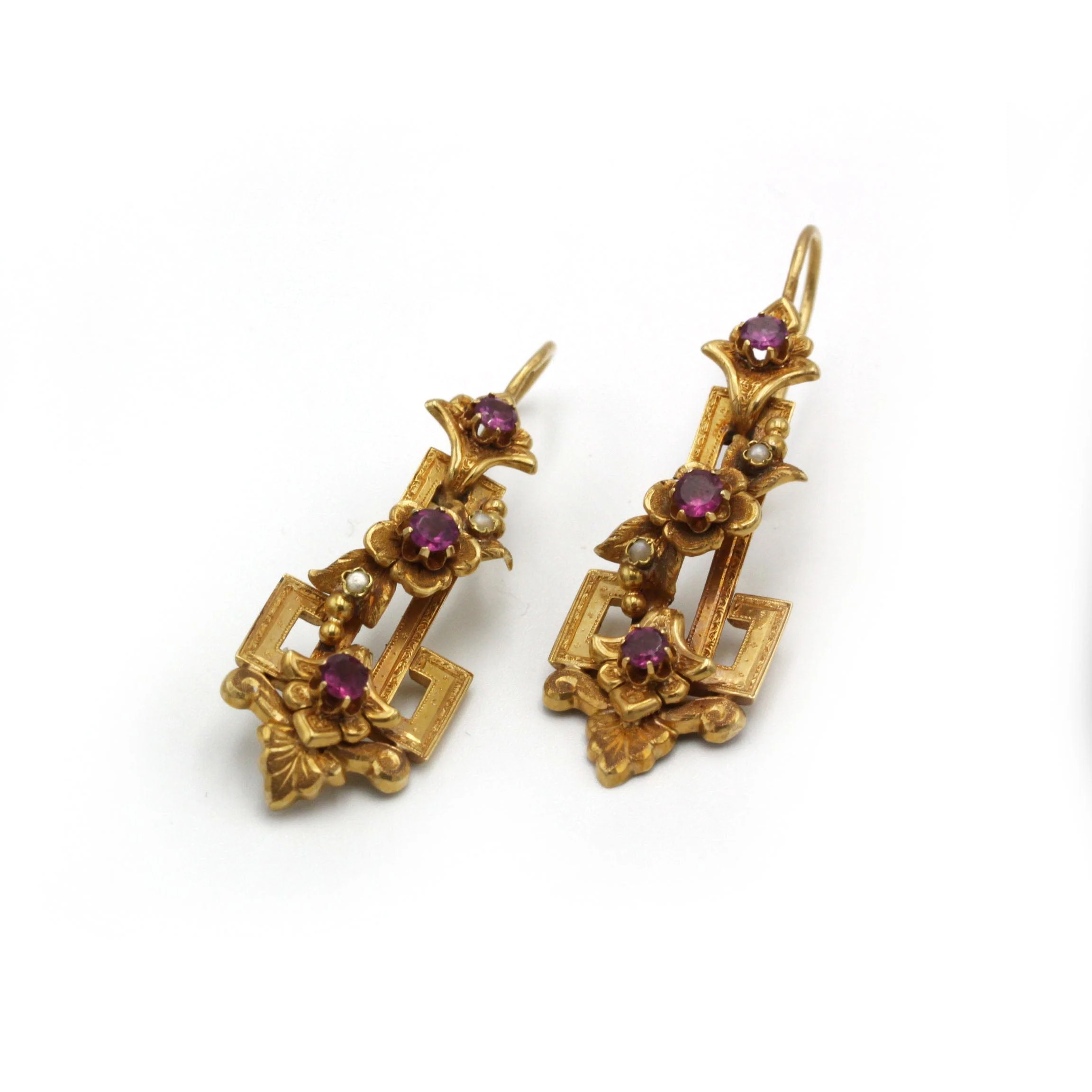 Earrings - Gold, Half-Pearls & Rhodolite Garnets - Image 4