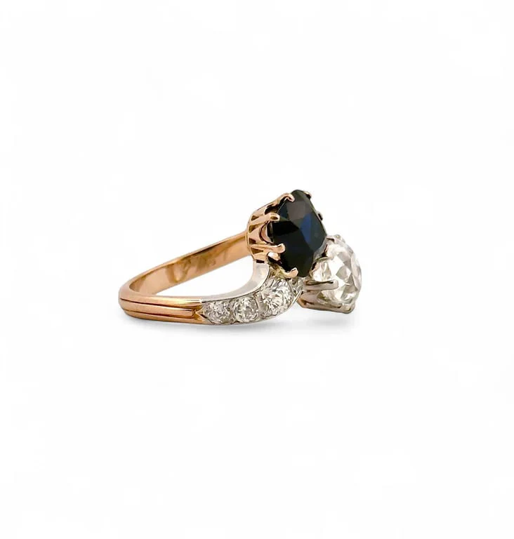 Antique ring Toi & Moi with natural Siam sapphire and diamonds - Image 5