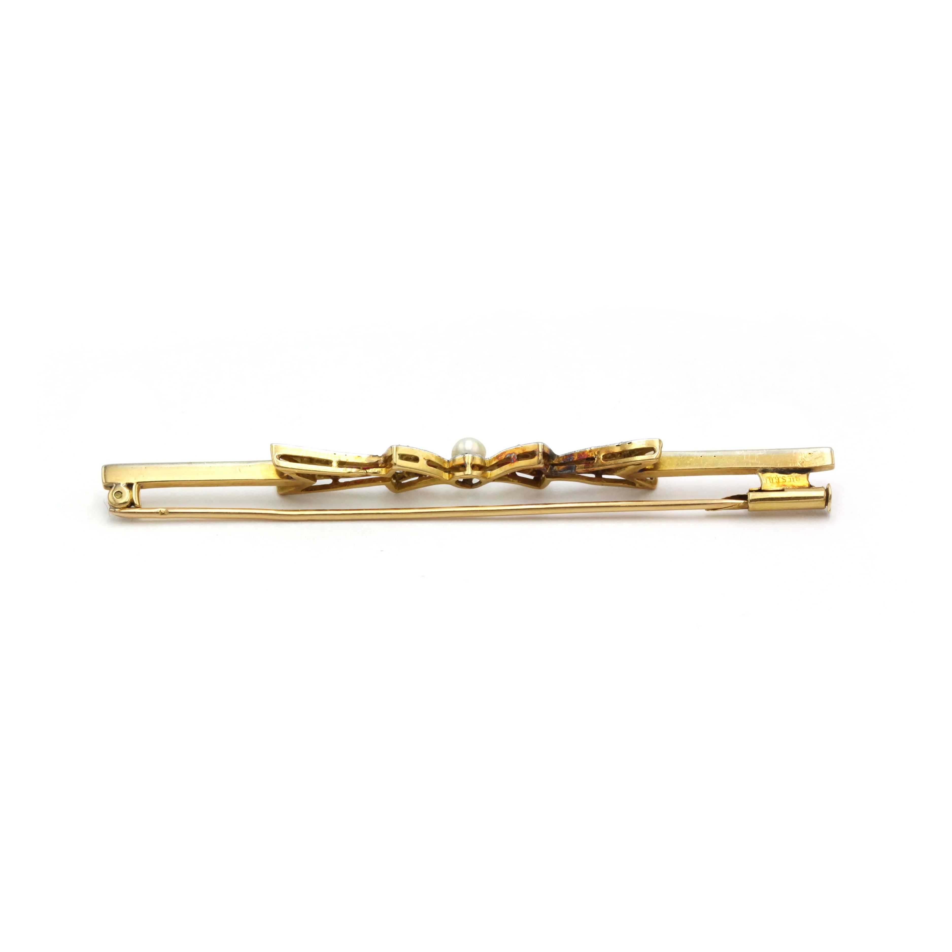 Brooch Art Deco Ribbon - Gold, platinum, Ruby, Pearl and Diamonds - Image 3