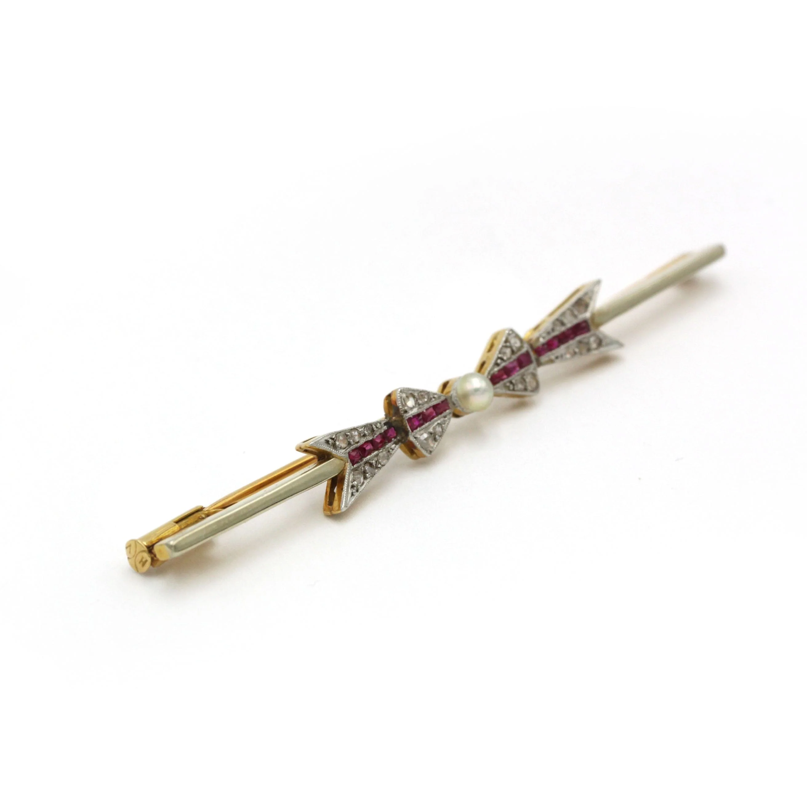 Brooch Art Deco Ribbon - Gold, platinum, Ruby, Pearl and Diamonds - Image 4