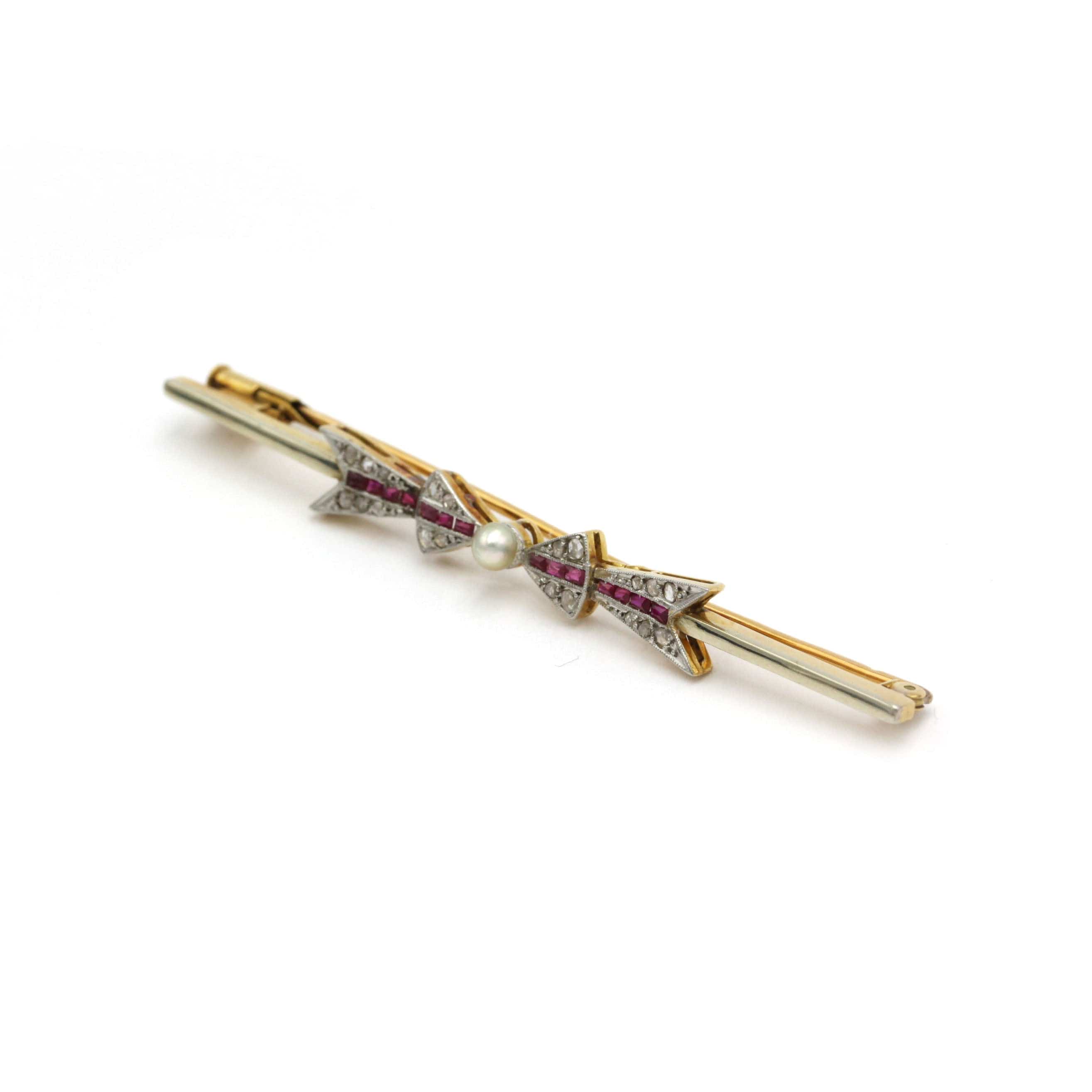 Brooch Art Deco Ribbon - Gold, platinum, Ruby, Pearl and Diamonds - Image 5