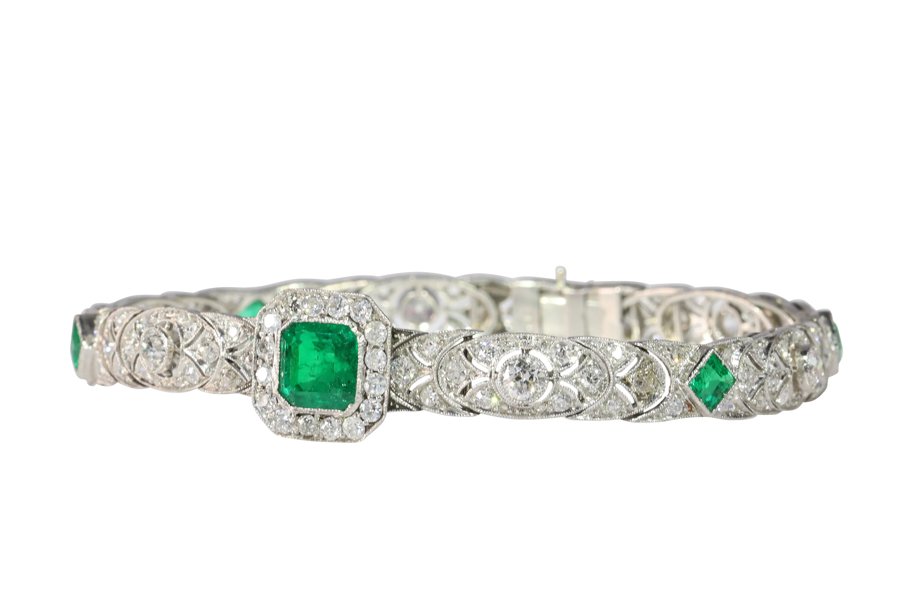 Vintage Luxury: Exquisite platinum bracelet Art Deco from the 1920s set with diamonds and emeralds - Image 11