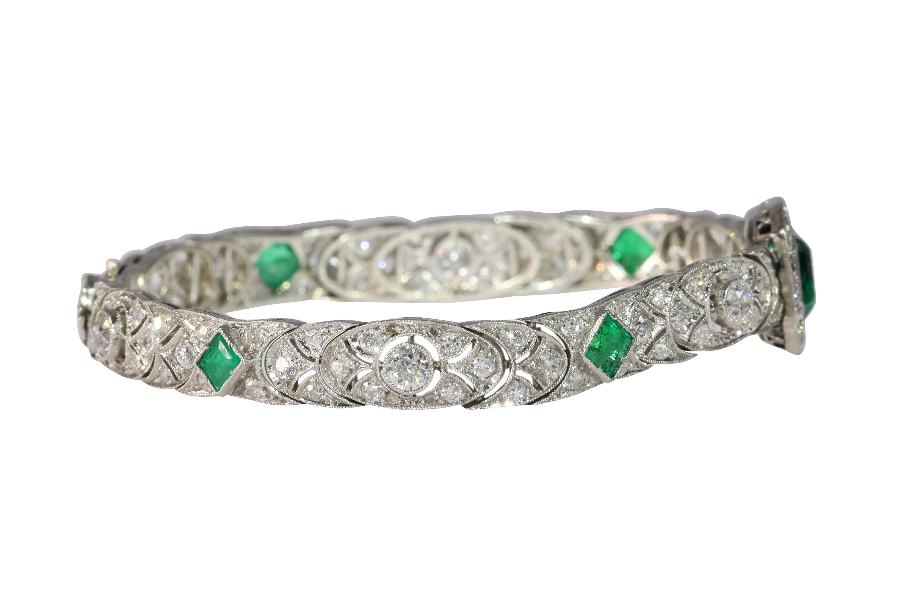 Vintage Luxury: Exquisite platinum bracelet Art Deco from the 1920s set with diamonds and emeralds - Image 12