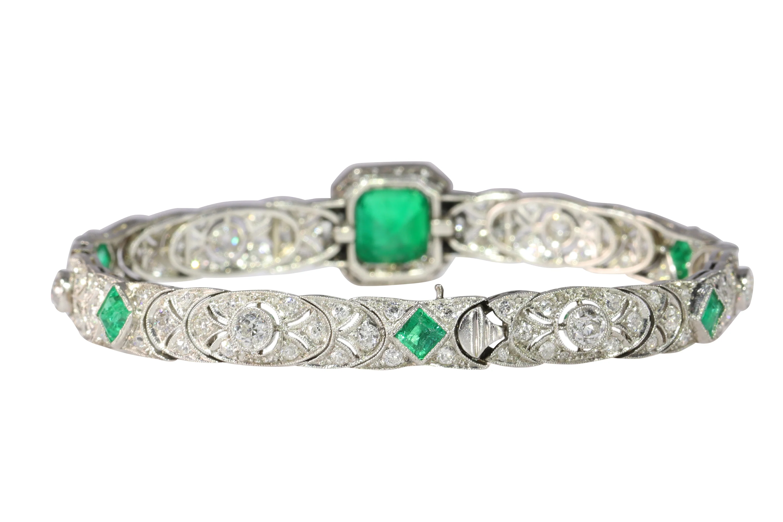 Vintage Luxury: Exquisite platinum bracelet Art Deco from the 1920s set with diamonds and emeralds - Image 13