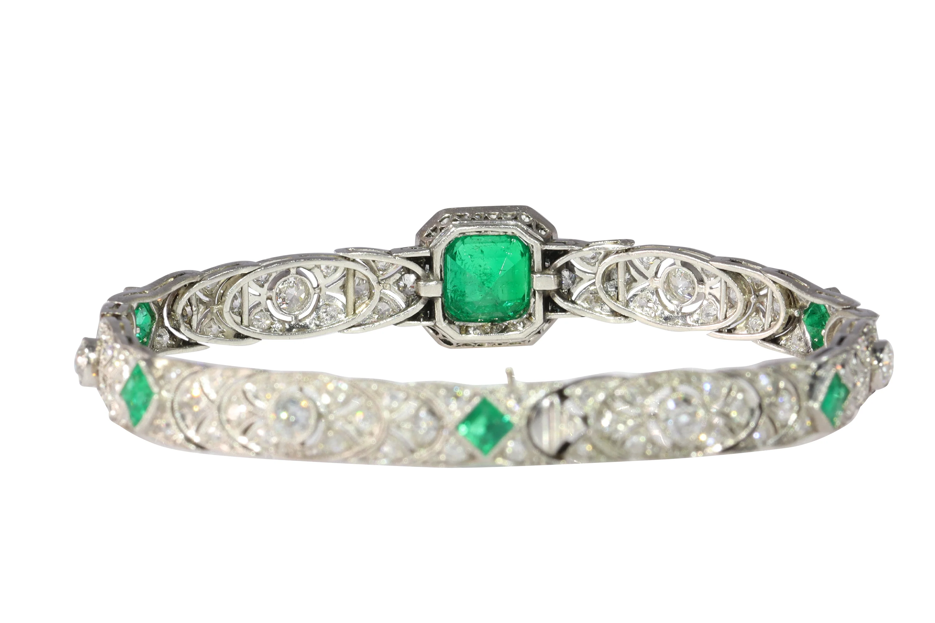 Vintage Luxury: Exquisite platinum bracelet Art Deco from the 1920s set with diamonds and emeralds - Image 14