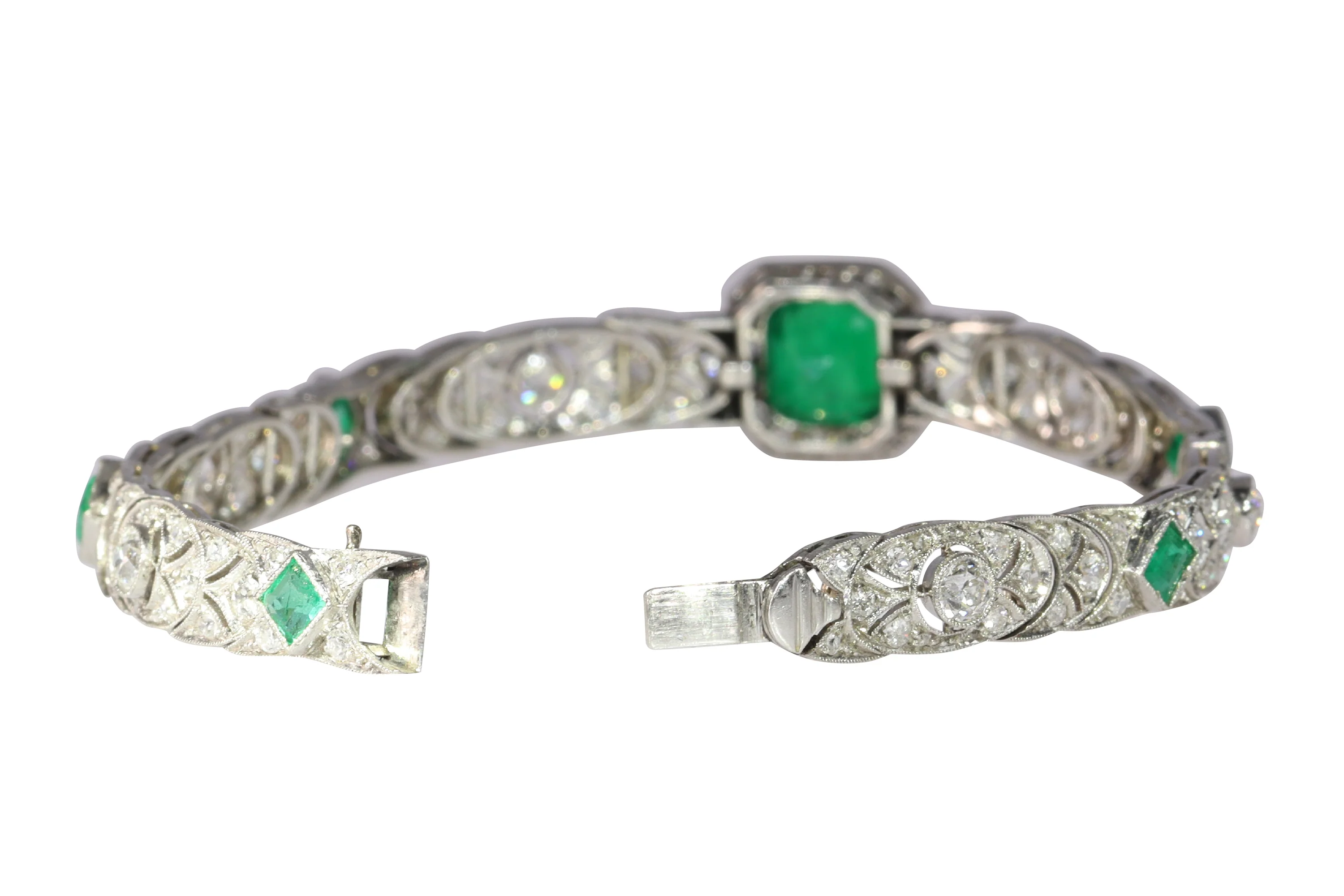 Vintage Luxury: Exquisite platinum bracelet Art Deco from the 1920s set with diamonds and emeralds - Image 15