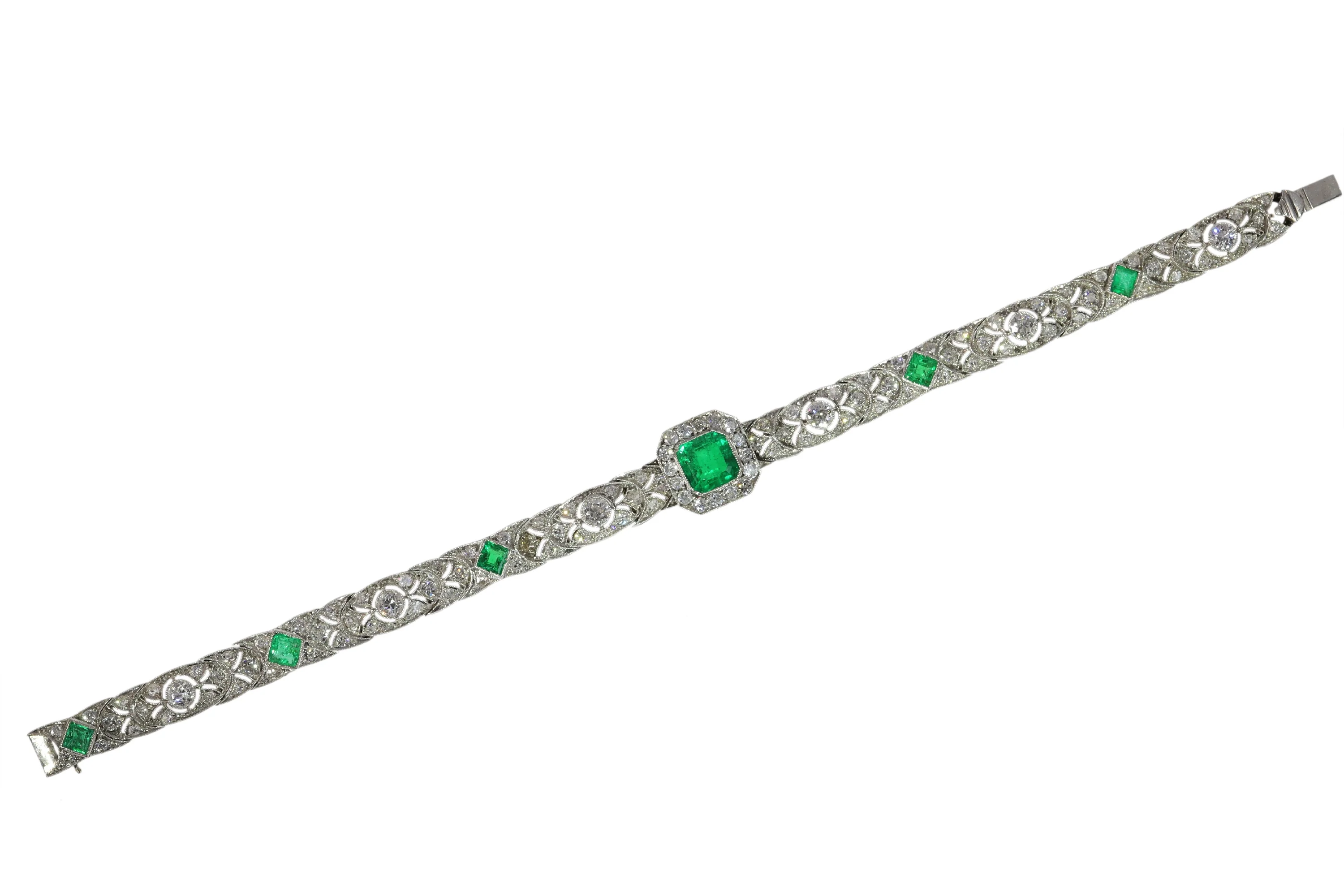 Vintage Luxury: Exquisite platinum bracelet Art Deco from the 1920s set with diamonds and emeralds - Image 6