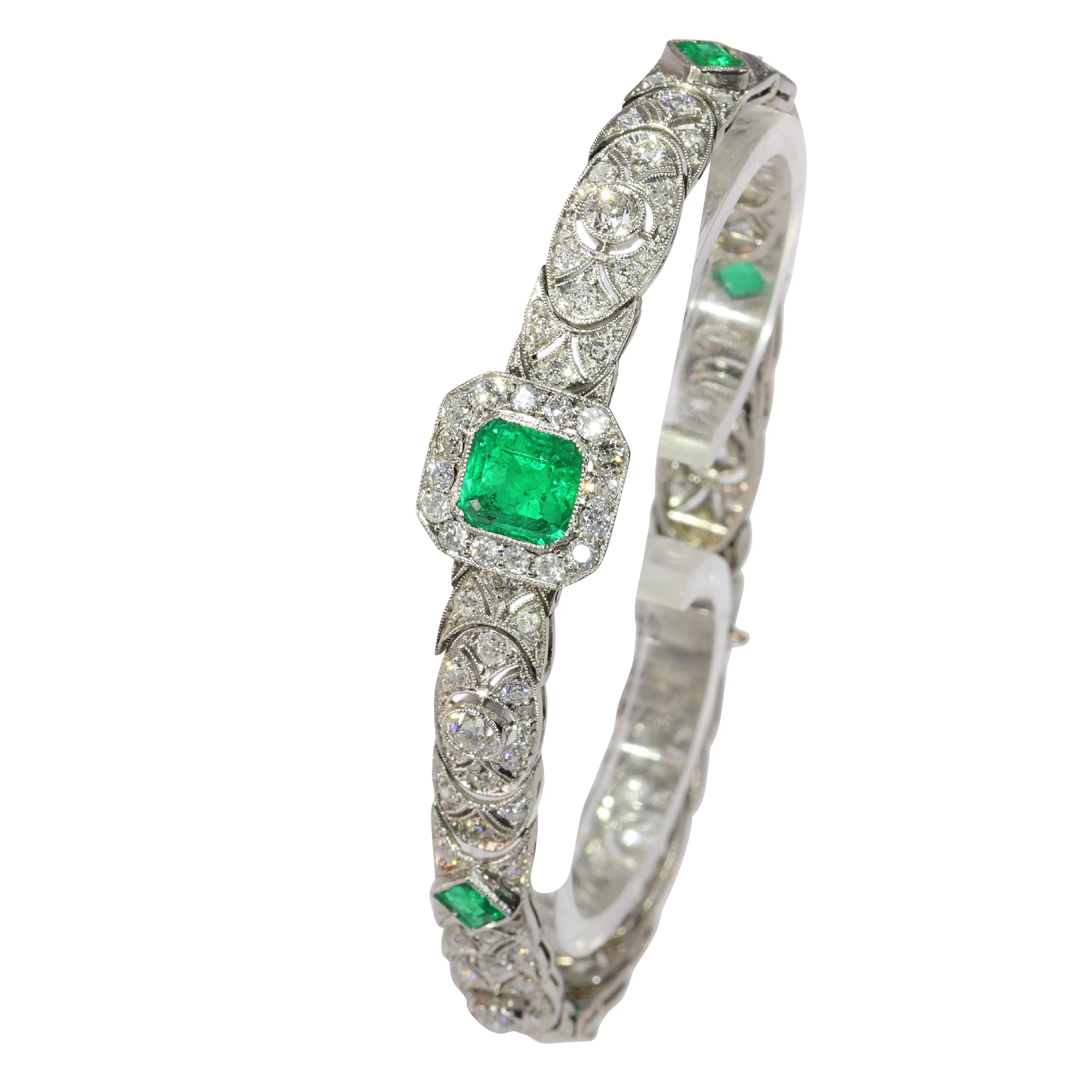 Vintage Luxury: Exquisite platinum bracelet Art Deco from the 1920s set with diamonds and emeralds - Image 7