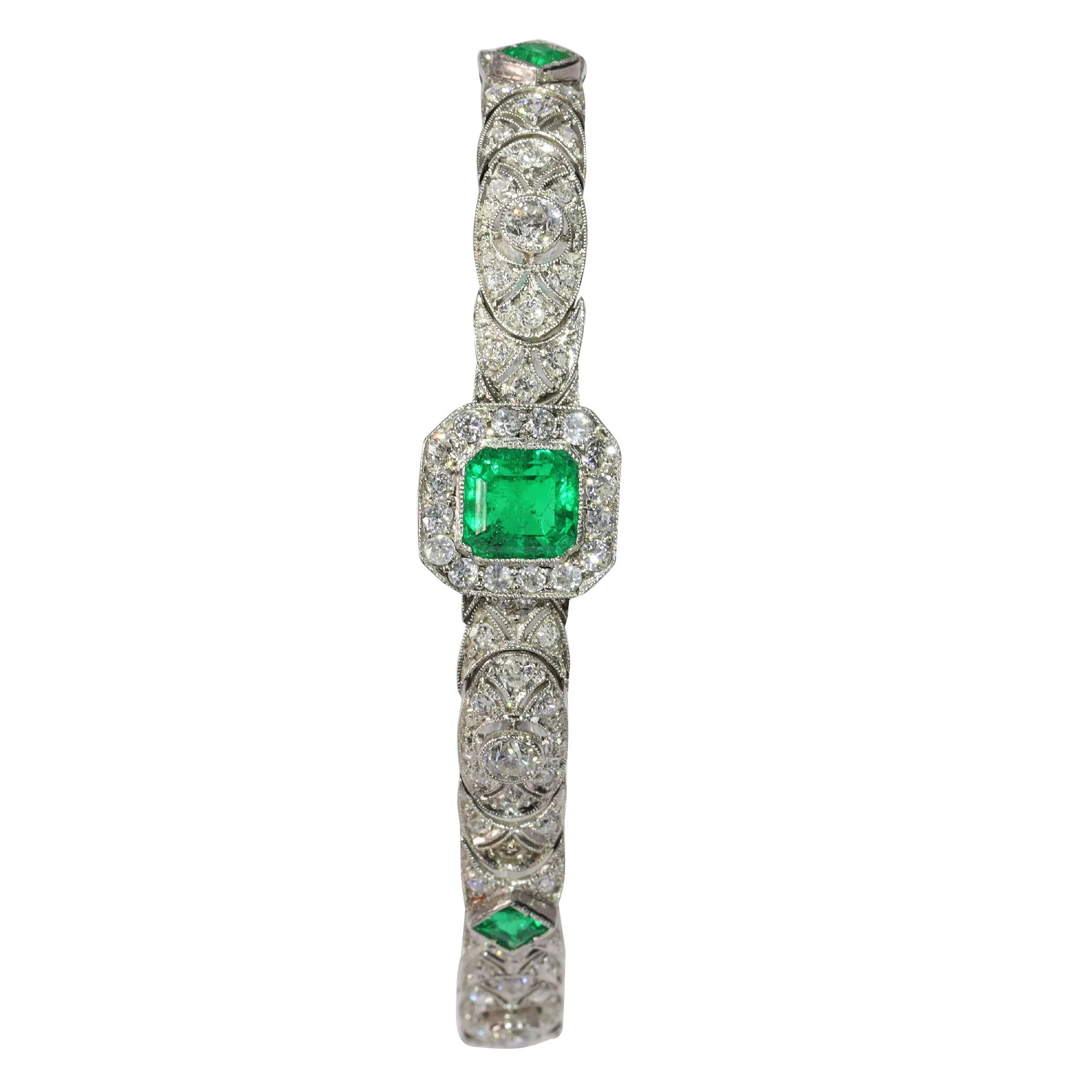 Vintage Luxury: Exquisite platinum bracelet Art Deco from the 1920s set with diamonds and emeralds - Image 8