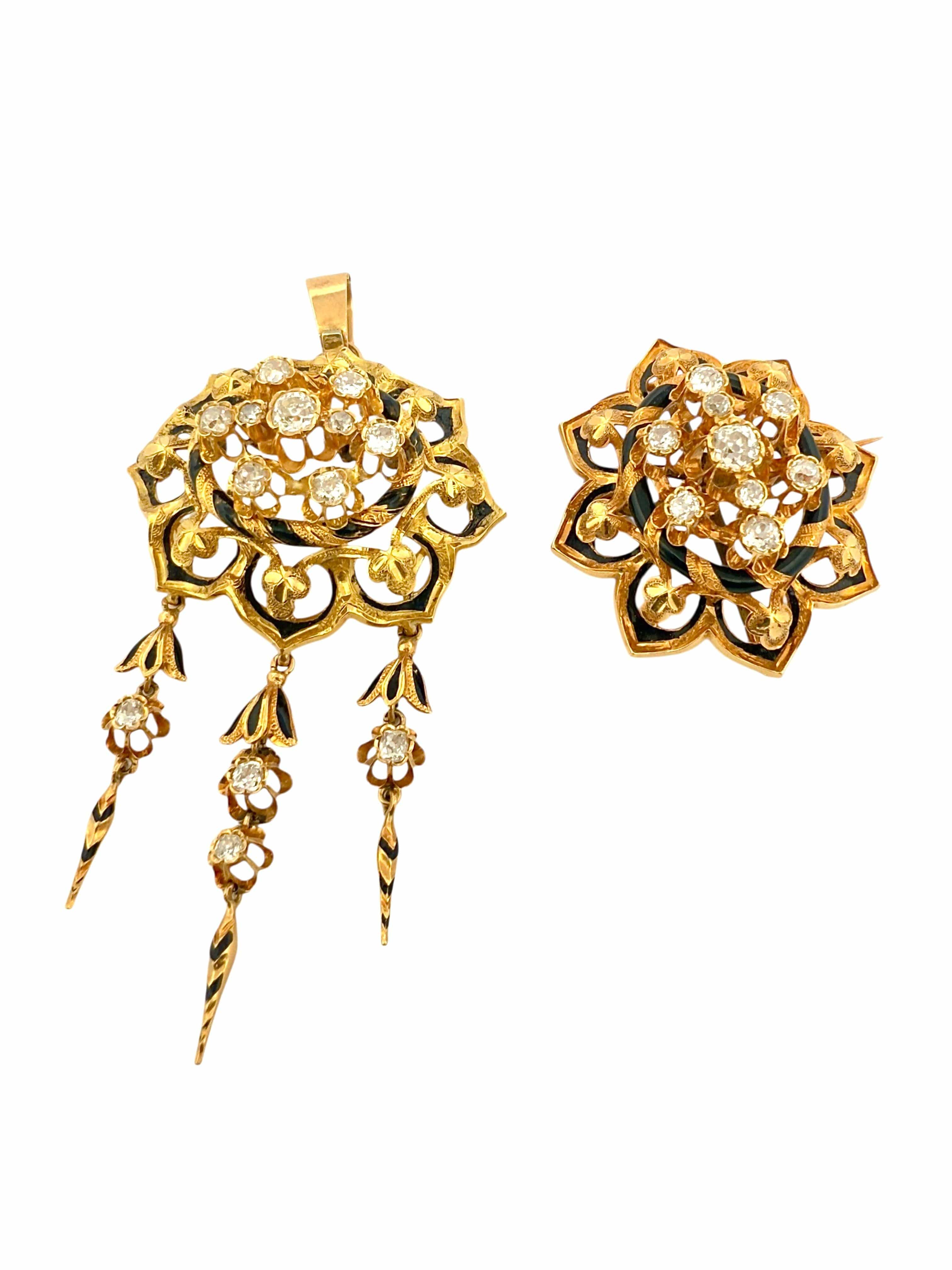 Exceptional transformable set 19th century – 18k gold, black enamel and old-cut diamonds - Image 3