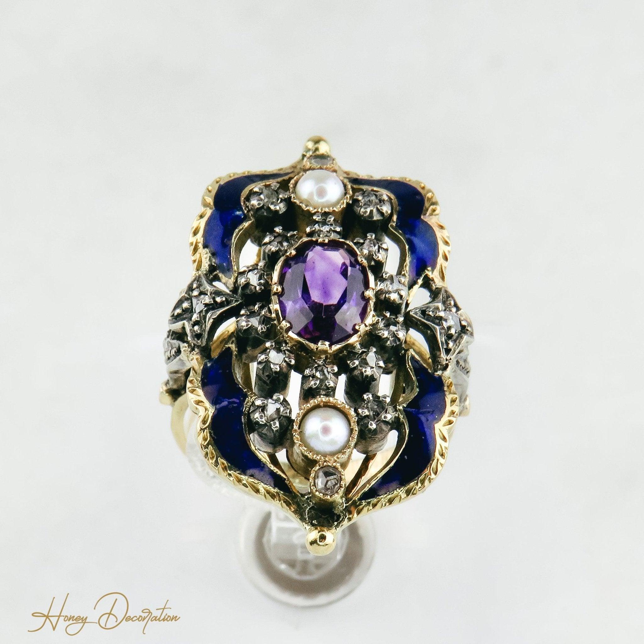 Art Nouveau ring enameled in 18K gold and white gold, diamonds and amethyst  - Image 3